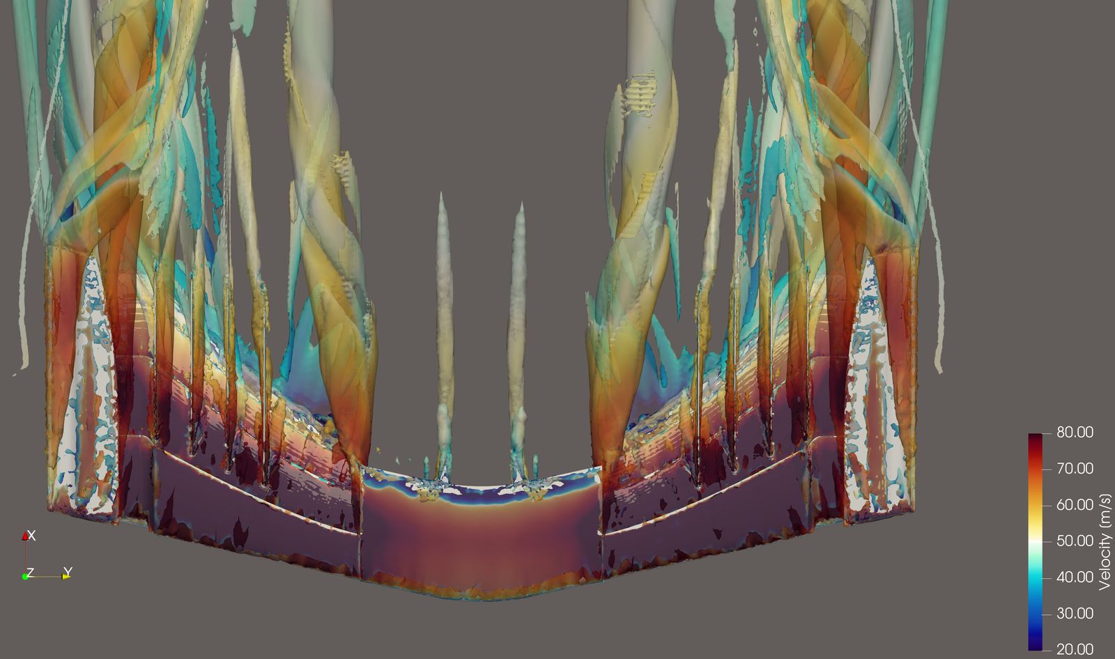 Front wing seen from below with vortex isosurfaces coloured by velocity
