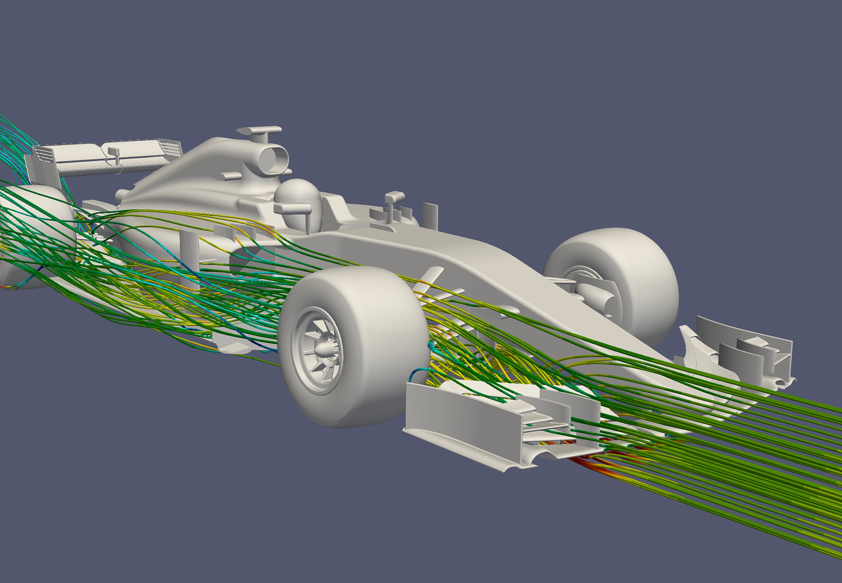 Streamlines coloured by velocity passing over the front wing, sidepods and rear tyre of a 2017 F1 car